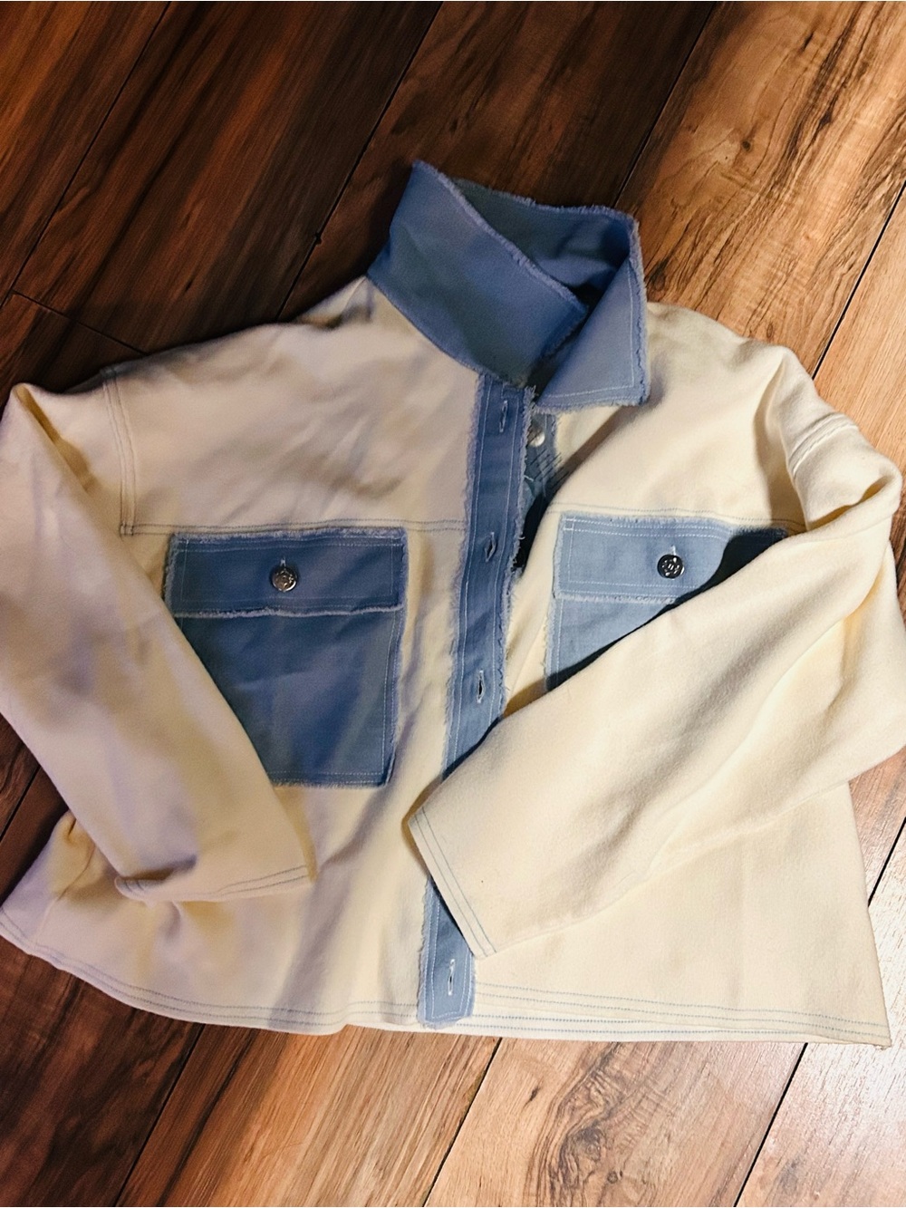 Nanette Lepore Cream Jacket with Light Blue Trim and Pockets